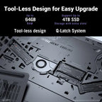 Promotional graphic for a laptop cooling and storage upgrade product, showing the interior of a dark gray laptop with text overlays reading 'Tool-Less Design for Easy Upgrade,' 'Up to 64GB RAM,' 'Support Up to 4TB SSD Storage with extra slots,' and 'Tool-less design Q-Latch System.'.