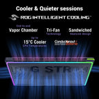 ROG Intelligent Cooling Strix A300 CPU cooler graphic on a black background, showing a rectangular liquid CPU heatsink with RGB lighting accents and text highlighting features like vapor chamber, tri-fan technology, and 15°C cooler.