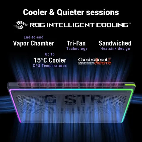 ROG Intelligent Cooling Strix A300 CPU cooler graphic on a black background, showing a rectangular liquid CPU heatsink with RGB lighting accents and text highlighting features like vapor chamber, tri-fan technology, and 15°C cooler.