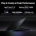 Promotional graphic for a gaming laptop showing a black ASUS ROG laptop on a dark stage-like background with glowing RGB lighting. Text at the top lists specs: Intel Core i7 14650HX, NVIDIA GeForce RTX 5050 laptop GPU, 115W max TGP, 16GB 5600Mhz DDR5 memory, and 1TB PCIe 4.