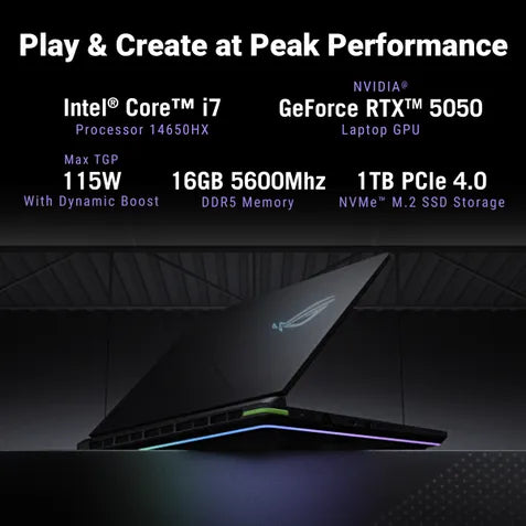 Promotional graphic for a gaming laptop showing a black ASUS ROG laptop on a dark stage-like background with glowing RGB lighting. Text at the top lists specs: Intel Core i7 14650HX, NVIDIA GeForce RTX 5050 laptop GPU, 115W max TGP, 16GB 5600Mhz DDR5 memory, and 1TB PCIe 4.
