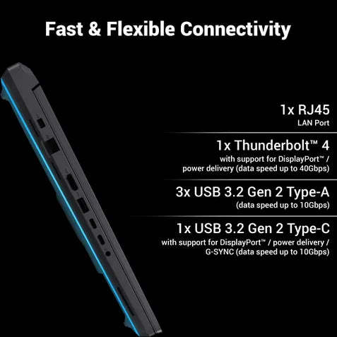 A black laptop shown at an angle with blue edge lighting on a black background, accompanied by connectivity feature text listing RJ45 LAN port, Thunderbolt 4, and three USB 3.2 Gen 2 Type-A and Type-C ports.