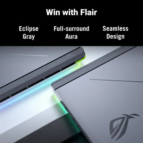 Promotional product image showing a sleek gaming laptop with a dark gray exterior and RGB lighting accents, alongside a black banner at the top reading 'Win with Flair' and 'Eclipse Gray', 'Full-surround Aura', and 'Seamless Design'.