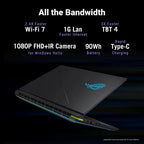A black ASUS ROG gaming laptop shown at an angle on a dark background, with marketing text above highlighting features such as 2.4X faster Wi-Fi 7, 1G Lan faster internet, 3X faster TBT 4, 1080P FHD+IR Camera for Windows Hello, 90Wh battery, and rapid Type-C charging.