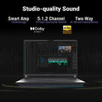 A promotional graphic for a laptop audio software experience, showing an open laptop on a black background with text reading 'Studio-quality Sound' and feature callouts including 'Smart Amp Technology,' '5.1.