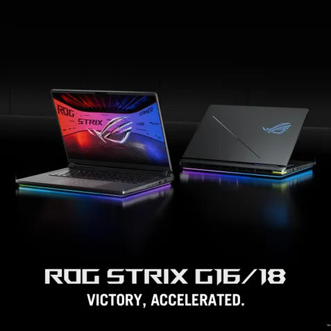 Two gaming laptops with colorful displays on a dark background, featuring the ROG Strix branding.
