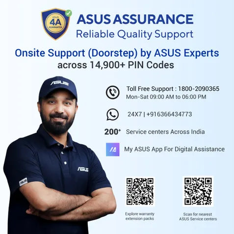 Promotional graphic for ASUS Assurance on-site support, featuring a smiling man in a navy ASUS polo shirt and cap on the left, with text detailing 24x7 support, service centers, toll-free number, WhatsApp number, and app access on a light blue background.