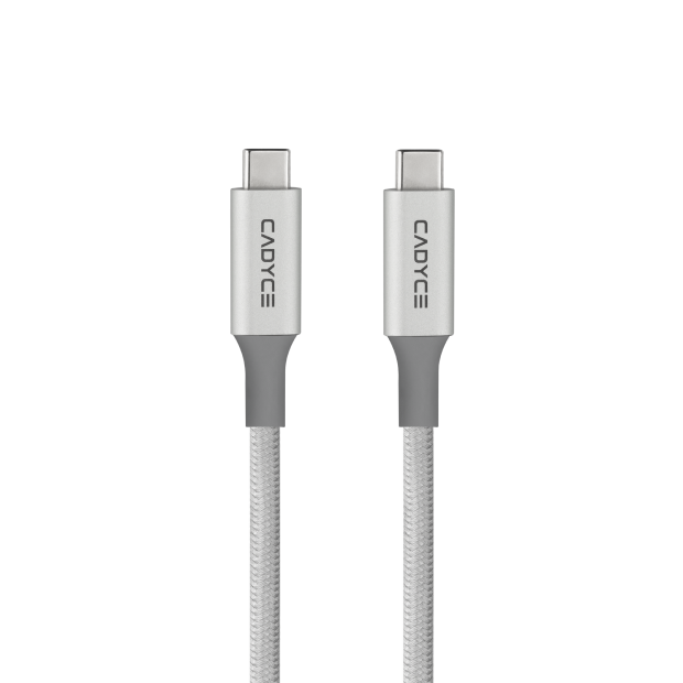 A silver and gray USB-C to USB-C cable with the brand name CADYCE printed vertically on each connector, shown against a plain white background.