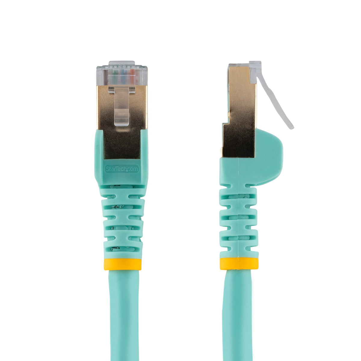 StarTech C6ASPAT15AQ 15ft Cat6a Shielded Ethernet Cable – 10Gbps, 100W PoE, Aqua | Lifetime Warranty showing the