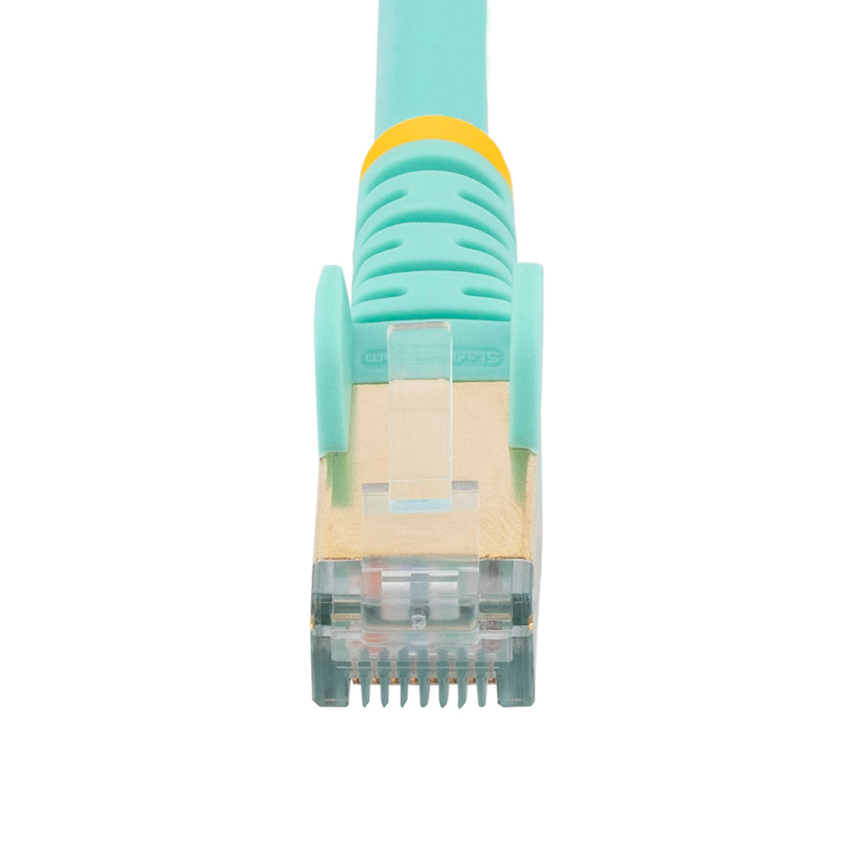 StarTech C6ASPAT14AQ 14ft Cat6a Shielded Ethernet Cable – 10Gbps, 100W PoE, Aqua | Lifetime Warranty shown as an aqua cable