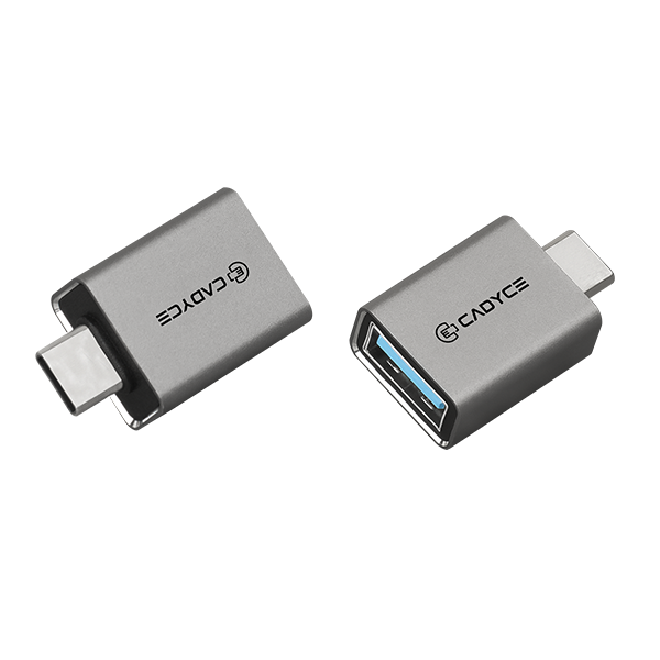 Two gray metallic USB-C to USB-A adapter dongles with the CADYCE logo, shown on a clean white background.