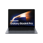 Samsung Galaxy Book4 Pro laptop in a dark gray finish, shown open with its screen on against a plain white background.