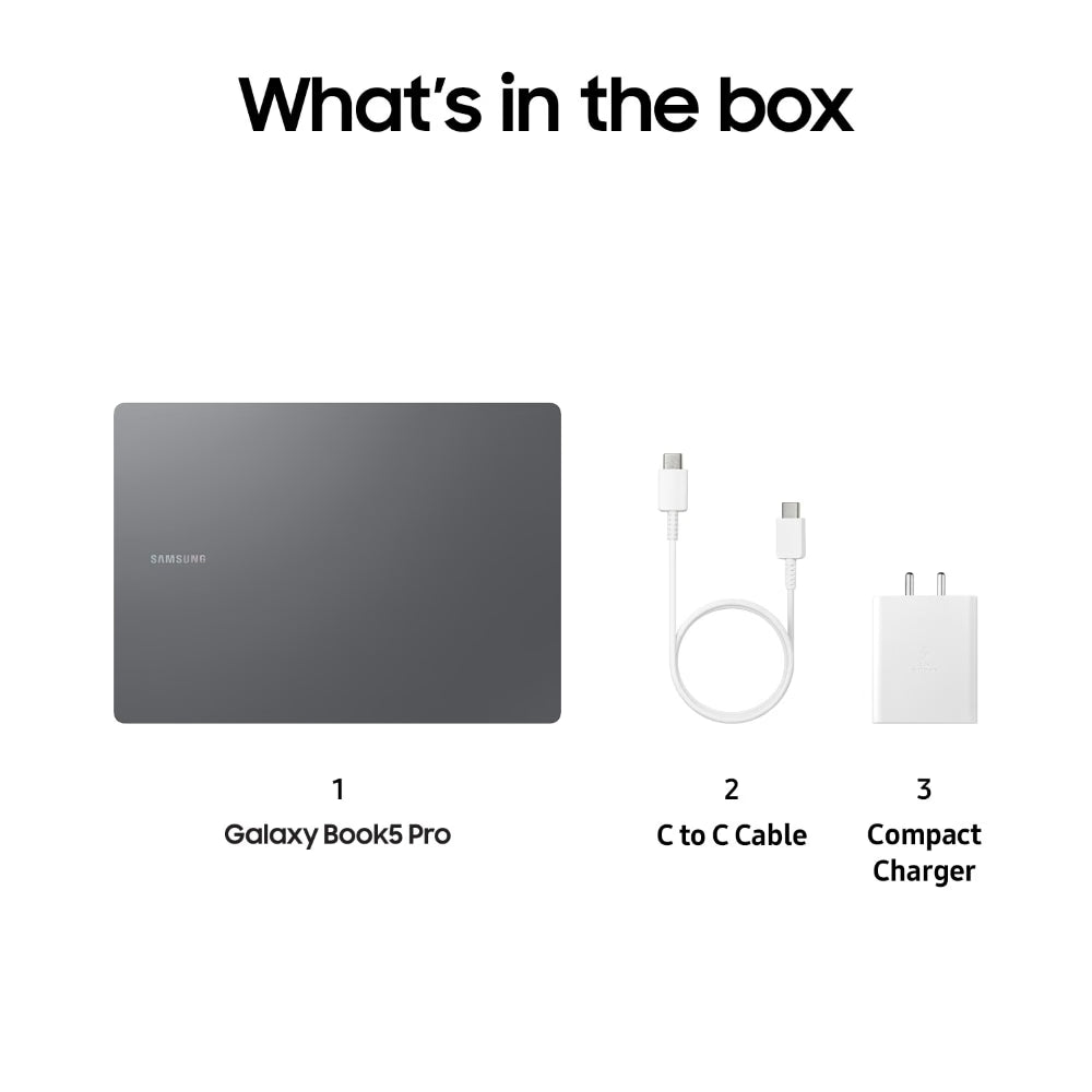 Samsung Galaxy Book5 Pro package contents on a white background, including the Galaxy Book5 Pro laptop, a C to C Cable, and a Compact Charger, with the heading 'What's in the box'.