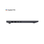 A dark gray laptop shown from the side profile on a white background, with the Copilot+PC logo printed above it.