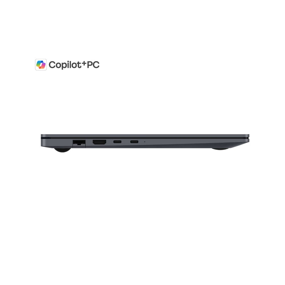 A dark gray laptop shown from the side profile on a white background, with the Copilot+PC logo printed above it.