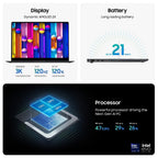 Promotional infographic for a laptop featuring display, battery, and processor highlights. The top half shows a laptop with colorful vertical bars on its screen, labeled 'Display' and 'Battery,' with text noting 3K resolution, 120 Hz refresh rate, 120% color volume, and up to 21 hours battery life.