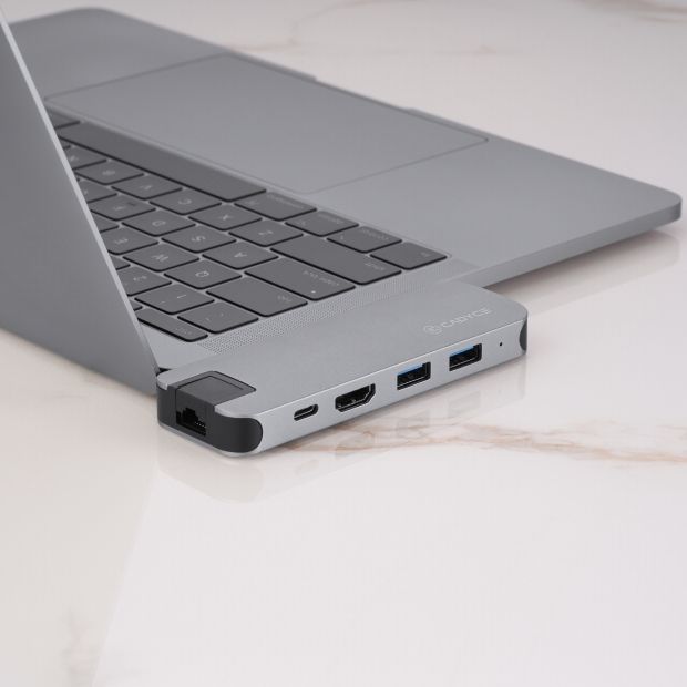 Cadyce CA-DUCDG Dual USB‑C Docking Station side view displaying HDMI and Ethernet