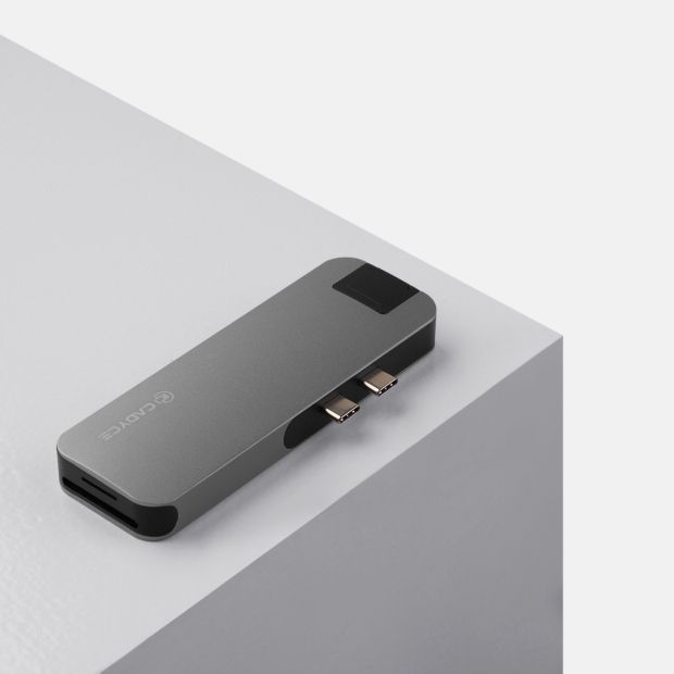 Cadyce CA-DUCDG Dual USB‑C Docking Station rear perspective showing cable connections