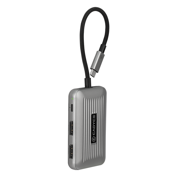 CADYCE USB‑C to Dual DisplayPort Converter (CA‑DUDP8K) displaying its dual DisplayPort ports and USB‑C PD input