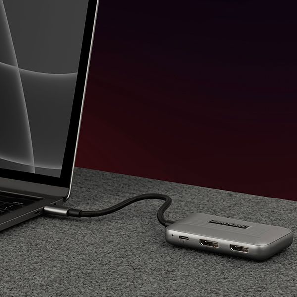 CADYCE USB‑C to Dual DisplayPort Converter (CA‑DUDP8K) pictured with its cable attached, illustrating the USB‑C plug