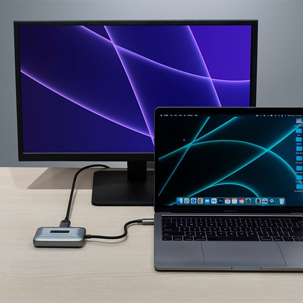 Side angle of the CADYCE USB‑C to Dual DisplayPort Converter (CA‑DUDP8K) showing the slim profile and port arrangement