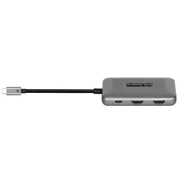 CADYCE CA-DUHD4K USB‑C to Dual HDMI converter shown from the front, sleek metal finish