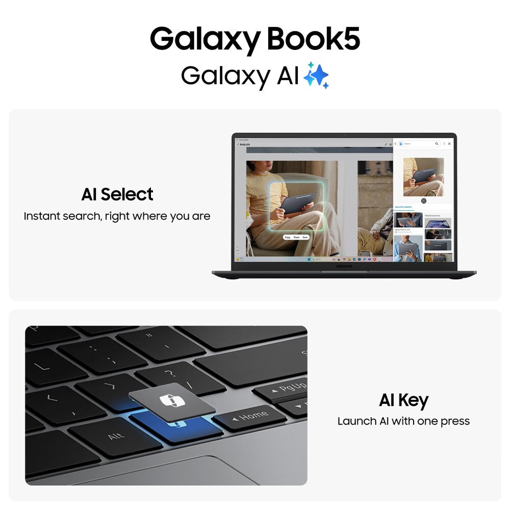 Laptop with Galaxy Book5 and Galaxy AI branding, featuring AI Select and AI Key features.