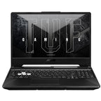 An ASUS gaming laptop shown open against a plain white background, with the screen on and displaying the word 'GAMING' in large outlined letters.
