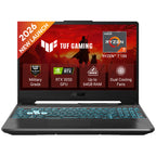 An ASUS TUF Gaming laptop shown open against a plain white background, with the screen turned on and displaying promotional graphics for AMD Ryzen 7 1550, RTX 3050, 64GB RAM, military-grade quality, and dual cooling fans.