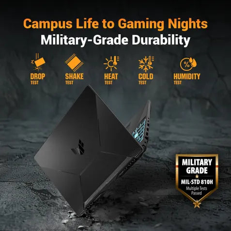 A black gaming laptop is shown at an angle on a dark textured surface with promotional text reading 'Campus Life to Gaming Nights' and 'Military-Grade Durability,' plus icons for drop, shake, heat, cold, and humidity tests, and a military-grade badge.