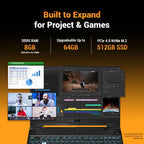 ASUS gaming laptop promotional graphic showing a black laptop with orange accents, multiple monitor screens including video editing and video call interfaces, and text highlighting 16GB DDR5 RAM, upgradable to 64GB, and a 1TB SSD.