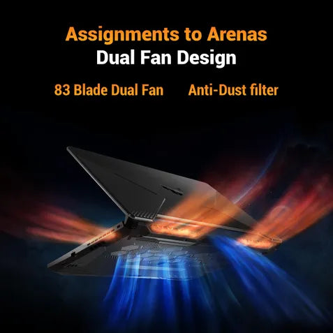 A laptop shown at an angle with glowing orange and blue airflow effects around it on a dark background, with text reading 'Assignments to Arenas', 'Dual Fan Design', '83 Blade Dual Fan', and 'Anti-Dust filter'.