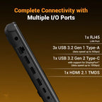 A dark gray rugged laptop power adapter or enclosure shown at an angle on a dark brown gradient background, with text highlighting multiple I/O ports including RJ45, three USB 3.2 Gen 1 Type-A, one USB 3.