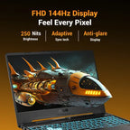 ASUS gaming laptop with a futuristic spaceship displayed on the screen and blue backlit keyboard, set against a dark gradient background with text highlighting FHD 144Hz display features.