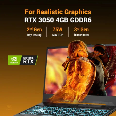 GeForce RTX 3050 4GB GDDR6 laptop shown open on a dark gradient background with promotional text highlighting ray tracing, 75W TGP, and tensor cores. The screen displays a fiery video game scene, and the NVIDIA GeForce RTX logo appears on the left.