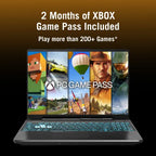 A laptop shown from the front on a dark gradient background, with promotional text above reading '2 Months of XBOX Game Pass Included' and 'Play more than 200+ Games*'. The laptop screen displays Xbox Game Pass artwork with various game covers, and the keyboard has blue backlighting.