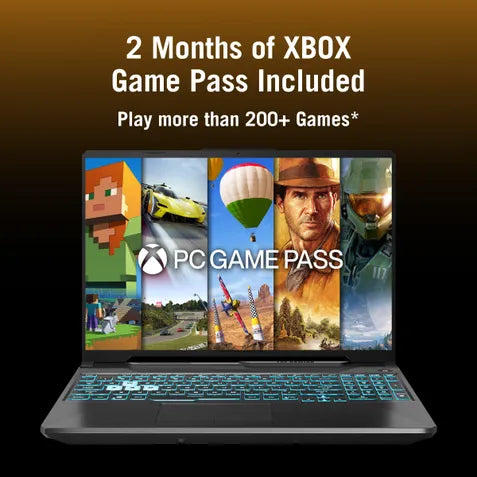 A laptop shown from the front on a dark gradient background, with promotional text above reading '2 Months of XBOX Game Pass Included' and 'Play more than 200+ Games*'. The laptop screen displays Xbox Game Pass artwork with various game covers, and the keyboard has blue backlighting.