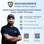 Promotional graphic for ASUS Assurance on-site support, featuring a smiling man in a navy ASUS polo shirt and cap on the left, with text detailing 24x7 support, service centers, toll-free number, WhatsApp number, and app access on a light blue background.