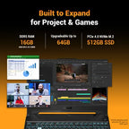 ASUS gaming laptop promotional graphic showing the open laptop with software interfaces on screen, text reading 'Built to Expand for Project & Games,' and specs for DDR5 RAM 16GB, upgradeable up to 64GB, and PCIe 4.0 NVMe M.