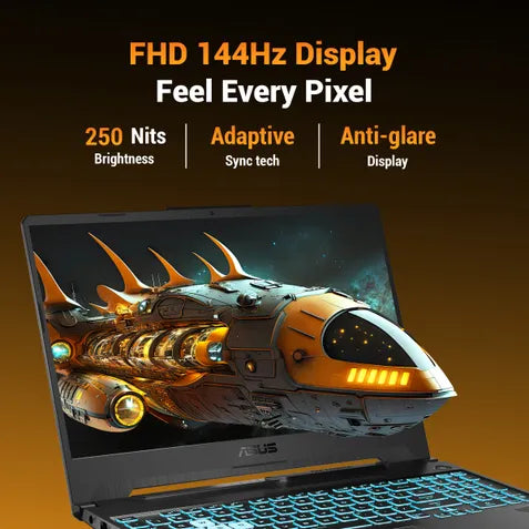 ASUS gaming laptop with a futuristic spaceship displayed on the screen and blue backlit keyboard, set against a dark gradient background with text highlighting FHD 144Hz display features.
