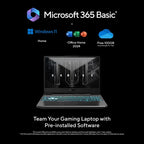 Promotional graphic for Microsoft 365 Basic bundled with a gaming laptop. The image shows the Microsoft 365 Basic branding, Windows 11, Office Home 2024 app icons, a free 100GB cloud storage offer, and a dark gaming laptop with a glowing blue keyboard on a black background.