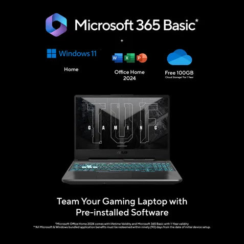 Promotional graphic for Microsoft 365 Basic bundled with a gaming laptop. The image shows the Microsoft 365 Basic branding, Windows 11, Office Home 2024 app icons, a free 100GB cloud storage offer, and a dark gaming laptop with a glowing blue keyboard on a black background.