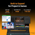 ASUS gaming laptop promotional graphic showing a black laptop with orange accents, software interface windows, and text highlighting DDR5 RAM 16GB, upgradeability up to 64GB, PCIe 4.0 NVMe M.