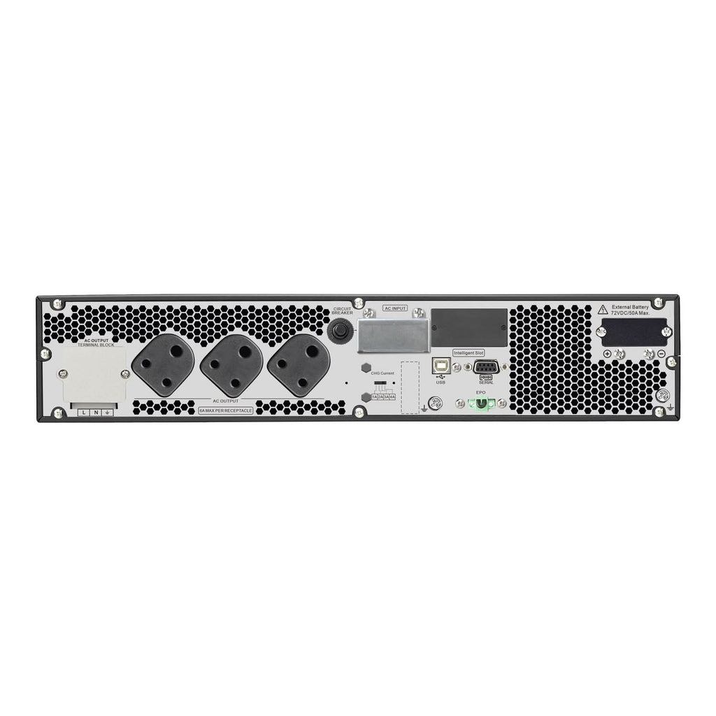 APC Easy UPS On-Line SRV3KRIL-IN - 3000VA/ 2400W |230V | 3 India 3-pin 6A + 1x Hard wire 3-wire(1P+ N+E) Outlets | Rackmount 4U | Intelligent Card Slot | Visual LCD and Audible Alarms | Extended runtime, W/O rail kit | 2 years Warranty