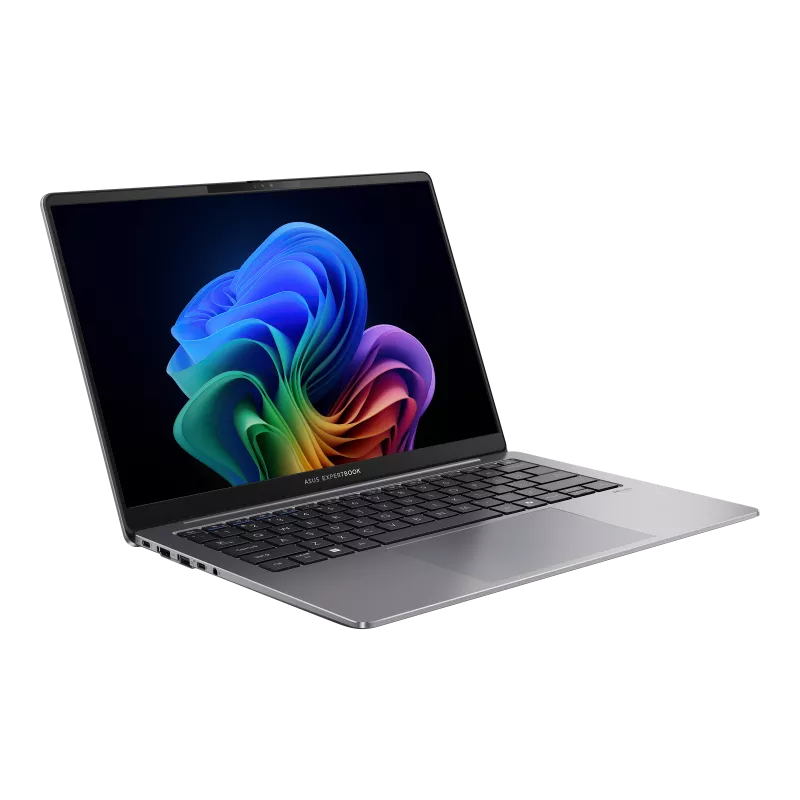 Laptop with colorful abstract design on the screen against a white background