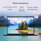 ASUS laptop shown open against a scenic lake-and-mountain background, with marketing text above highlighting a 16:10 FHD+ IPS display, 89% screen-to-body ratio, and three-sided NanoEdge design.