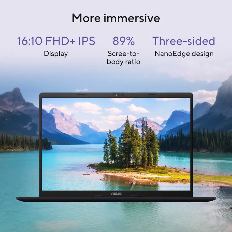 ASUS laptop shown open against a scenic lake-and-mountain background, with marketing text above highlighting a 16:10 FHD+ IPS display, 89% screen-to-body ratio, and three-sided NanoEdge design.