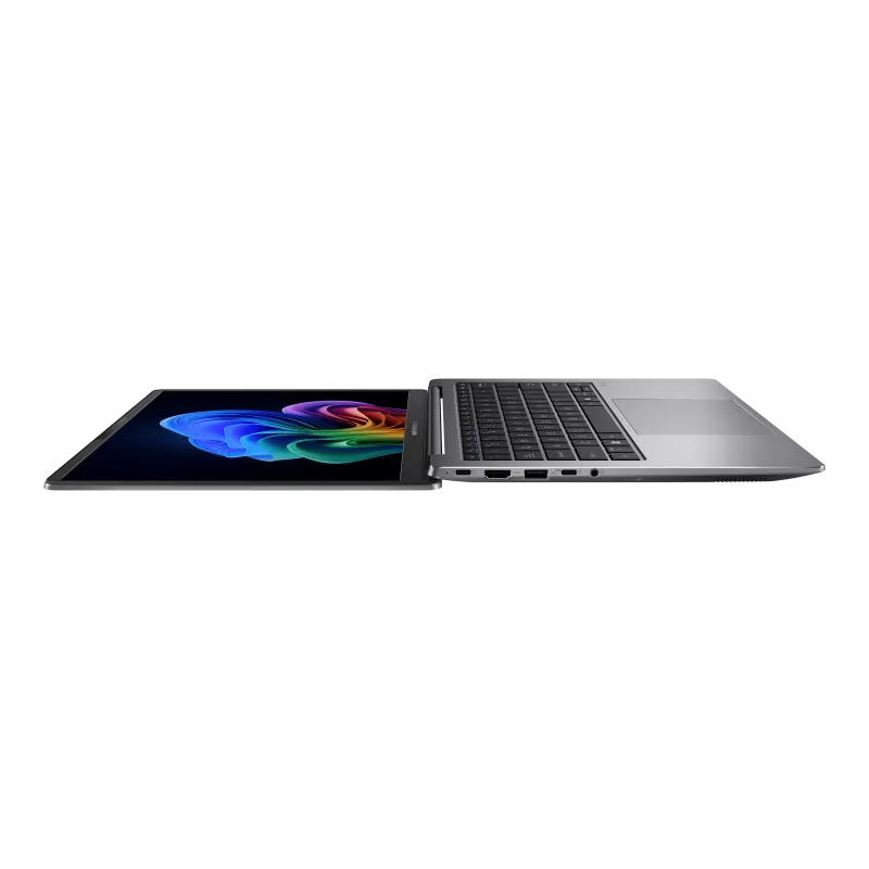 Laptop with open screen displaying colorful abstract design on a white background