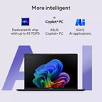 ASUS laptop shown open on a light lavender background with marketing text above: 'More intelligent,' 'Dedicated AI chip with up to 45 TOPS,' 'ASUS Copilot+ PC,' and 'ASUS AI applications.' The laptop screen displays a colorful abstract wallpaper.