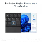 Keyboard with a dedicated Copilot key and a screenshot of AI exploration software on a screen.
